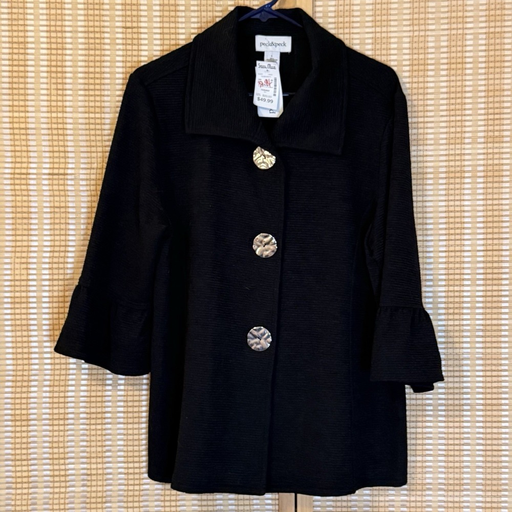 PECK & PECK Womens L Top Black Big Buttons Textured Whimsigoth Minimalist Office